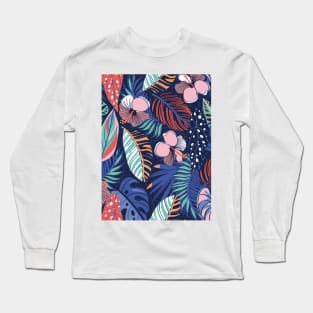 Moody tropical night // pattern // oxford blue background spearmint papaya orange denim and electric blue leaves coral cotton candy pink and dry rose hibiscus flowers Long Sleeve T-Shirt